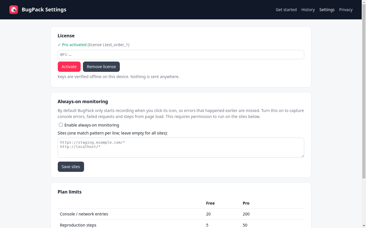 Settings page